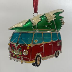 Harvey Lewis Metal Christmas Ornament VW Hippie Bus W/ Tree